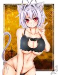  1girl animal_ears antenna_hair artist_name bangs black_bra black_panties bra breasts cat_cutout cat_ears cat_lingerie cat_tail cleavage cleavage_cutout collarbone dated eyebrows_visible_through_hair frilled_bra frills grey_hair grin halloween hand_up highres jotti large_breasts leaning_forward lingerie looking_at_viewer meme_attire navel original panties paw_print purple_hair red_eyes short_hair side-tie_panties signature smile solo tail tsurime underwear upper_body v 