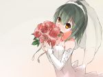  1girl ahoge alternate_costume bare_shoulders blush bouquet breasts bridal_veil bride brown_eyes cleavage collarbone covering_mouth detached_sleeves dress eyebrows_visible_through_hair flower from_above gradient gradient_background hair_between_eyes heart heart_necklace holding holding_bouquet jewelry kantai_collection long_sleeves looking_at_viewer looking_up myuto_(advent_retribution) pendant ponytail red_rose ring rose see-through short_hair small_breasts solo strapless strapless_dress tareme upper_body veil wedding_band wedding_dress white_dress yellow_background yuubari_(kantai_collection) 