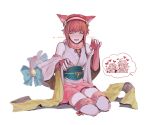  1girl animal_ears bell bell_collar blush bob_cut cat_ears cat_girl cat_tail closed_eyes collar elbow_gloves embarrassed fingerless_gloves fire_emblem fire_emblem_if gloves japanese_clothes kazahana_(fire_emblem_if) kimono looking_at_viewer pink_hair sakura_(fire_emblem_if) scarf seiza simple_background sitting smile sophie_(693432) tail thigh-highs tsubaki_(fire_emblem_if) white_background 