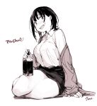  1girl :d artist_name aruchu! bangs bottle breasts cardigan copyright_name dress_shirt greyscale heart highres large_breasts long_sleeves looking_at_viewer monochrome office_lady open_cardigan open_clothes open_mouth ouchi_kaeru pencil_skirt shirt short_hair sidelocks signature simple_background sitting skirt smile solo tareme thighs yokozuwari 