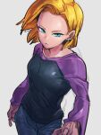  1girl android_18 black_shirt blonde_hair blue_eyes blue_pants dragon_ball dragon_ball_super earrings grey_background jewelry kemachiku long_sleeves looking_at_viewer pants parted_lips purple_shirt purple_sleeves shirt short_hair simple_background solo two-tone_shirt 