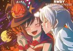  2girls birthday cheek_kiss closed_eyes commentary_request english fangs grimm halloween halloween_costume hat jack-o&#039;-lantern kiss multiple_girls ruby_rose rwby scar scar_across_eye vampire weiss_schnee witch_hat yuri 