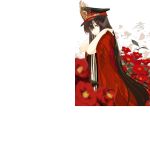  1girl arms_behind_head bangs black_hair black_hat cape demon_archer fate_(series) from_side hat koha-ace leaf long_hair looking_at_viewer naked_cape oda_uri pako peaked_cap plant red_cape red_eyes red_flower smile solo very_long_hair white_background 