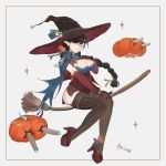  1girl ;) atago_(azur_lane) azur_lane black_hair blue_fire braid breasts broom broom_riding cape cleavage corset cross cross_earrings dated earrings fire frame full_body garter_straps halloween hand_on_own_chest hat high_heels highres jack-o&#039;-lantern jewelry large_breasts long_hair looking_at_viewer microskirt mole mole_under_eye one_eye_closed pointy_ears side_slit single_braid skirt smile solo sparkle striped striped_legwear thigh-highs vertical-striped_legwear vertical_stripes very_long_hair witch witch_hat yellow_eyes yueguang_zhanglang 