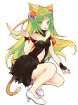  1girl animal_ears archer_of_red black_dress blush breasts choker cleavage collarbone cutout dress fate/apocrypha fate_(series) floating_hair flower full_body green_eyes green_hair hair_flower hair_ornament high_heels highres itohime long_hair midriff navel parted_lips red_flower shiny shiny_skin short_dress simple_background sleeveless sleeveless_dress small_breasts smile solo squatting stomach tail very_long_hair white_background white_footwear 