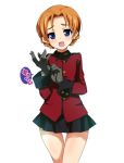  1girl :d bangs black_skirt blue_eyes braid commentary_request cowboy_shot epaulettes eyebrows_visible_through_hair girls_und_panzer glove_pull gloves highres jacket long_sleeves looking_at_viewer military military_uniform miniskirt open_mouth orange_hair orange_pekoe ouhashi parted_bangs pleated_skirt red_jacket short_hair simple_background skirt smile solo st._gloriana&#039;s_military_uniform thigh_gap tied_hair twin_braids uniform white_background 