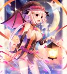 1girl blush breasts brown_eyes cleavage fang fantasy halloween hat lantern large_breasts long_hair moon open_mouth original sakakidani sideboob smile solo twintails very_long_hair white_hair wings witch witch_hat 