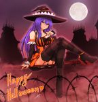  1girl absurdres airisubaka blue_hair boots breasts broom broom_riding cleavage halloween halloween_costume hat highres iris_heart large_breasts long_hair looking_at_viewer moon neptune_(series) red_eyes smile solo symbol-shaped_pupils very_long_hair witch witch_hat 