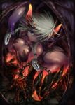  1girl all_fours artist_request blue_eyes braid breasts claws dark_skin demon_girl demon_horns demon_tail demon_wings glowing horns large_breasts looking_to_the_side original parted_lips platinum_blonde tail wings 