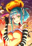  1girl aqua_hair bat braid breasts doughnut elbow_gloves food gloves green_eyes grin hairband highres horns jack-o&#039;-lantern looking_at_viewer natsui_tuna original smile striped striped_gloves tail 