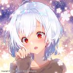  1girl 2017 blush company_name copyright_request eyebrows_visible_through_hair hekiki_riyo highres looking_at_viewer official_art open_mouth red_eyes short_hair sleeves_past_wrists solo upper_body white_hair 