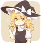  1girl blonde_hair blush frown hakurei_reimu hat kirisame_marisa medium_hair messy_hair playing_with_own_hair puffy_short_sleeves puffy_sleeves riza_dxun short_sleeves shy solo touhou turtleneck vest wavy_hair witch_hat yellow_eyes 