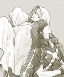  2boys cape fire_emblem fire_emblem:_kakusei gloves highres hood krom male_focus male_my_unit_(fire_emblem:_kakusei) monochrome multiple_boys my_unit_(fire_emblem:_kakusei) short_hair smile 