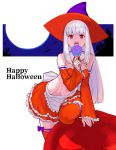  1girl apron bare_shoulders breasts candy capcom_fighting_jam cleavage detached_sleeves food full_body halloween hat highres ingrid lollipop long_hair looking_at_viewer midriff navel red_eyes red_legwear silver_hair sleeves_past_wrists solo teeth tetsu_(kimuchi) thigh-highs witch_hat 