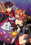  1boy 1girl :d ;d animal_ears ass back bare_shoulders basket black_gloves black_hair blue_eyes blush candy cape cat_ears cat_tail demon_horns demon_tail elbow_gloves fang fate/grand_order fate_(series) food frills fujimaru_ritsuka_(female) fujimaru_ritsuka_(male) gloves halloween high_heels horns lancer_(fate/extra_ccc) lollipop looking_at_viewer medjed nitocris_(swimsuit_assassin)_(fate) one_eye_closed open_mouth orange_eyes orange_hair pitchfork smile tail ulogbe vampire_costume white_gloves 