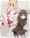  2girls :d animal_ears antlers black_eyes black_hair black_legwear brown_eyes commentary_request holding kemono_friends light_brown_hair lion_(kemono_friends) lion_ears lion_tail long_hair looking_at_viewer moose_(kemono_friends) moose_ears multiple_girls open_mouth pantyhose plaid plaid_skirt pleated_skirt seesaw skirt smile tail thigh-highs tsukino_neru white_legwear zettai_ryouiki 