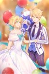  1boy 1girl ahoge aqua_bow artoria_pendragon_(all) balloon black_legwear black_neckwear blonde_hair bouquet bow breasts choker cleavage collarbone diadem dress fate_(series) flower gloves green_eyes hair_between_eyes hair_bow hand_holding highres holding holding_bouquet medium_breasts miyuki_(miyuki0529) necktie pants parted_lips saber saber_(fate/prototype) shirt short_hair skirt_hold sleeveless sleeveless_dress striped thigh-highs vertical-striped_pants vertical_stripes white_dress white_gloves white_shirt 