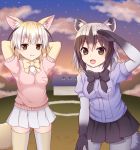  2girls :d animal_ears arms_behind_head black_eyes blonde_hair commentary_request common_raccoon_(kemono_friends) fennec_(kemono_friends) fox_ears fox_tail gradient_hair kemono_friends long_hair looking_at_viewer multicolored_hair multiple_girls open_mouth pantyhose pleated_skirt raccoon_ears raccoon_tail short_hair silver_hair skirt smile tail thigh-highs tsukino_neru zettai_ryouiki 