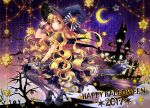 1girl 2017 :q bat blonde_hair broom broom_riding castle closed_mouth commentary crescent_moon dress english fishnet_pantyhose fishnets hair_ribbon halloween happy_halloween hat hat_ribbon high_heels kirisame_marisa lilithbloody long_hair looking_at_viewer moon night night_sky panties pantyhose purple_dress ribbon short_sleeves sky smile solo star_(sky) tongue tongue_out touhou tress_ribbon underwear witch_hat yellow_eyes 