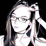  1girl adjusting_hair black_background choker face glasses ilya_kuvshinov long_hair looking_at_viewer monochrome original simple_background sketch solo 