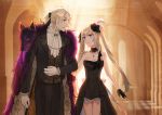  1boy 1girl black_dress black_gloves black_pants blue_eyes breasts choker cleavage cowboy_shot dress eye_contact eyebrows_visible_through_hair fate/grand_order fate_(series) gloves green_eyes hair_ornament indoors jewelry long_hair looking_at_another marie_antoinette_(fate/grand_order) medium_breasts neckerchief necklace pants silver_hair smile standing strapless strapless_dress takeshi_kai twintails very_long_hair white_gloves white_neckwear wolfgang_amadeus_mozart_(fate/grand_order) 