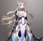  1girl 2d breasts cleavage closed_mouth collarbone covered_navel dual_wielding gradient gradient_background hair_flaps headgear highres horns large_breasts leotard light_brown_hair long_hair mechanical_arms pelvic_curtain robot_joints see-through sidelocks simple_background solo sword thigh-highs thigh_gap very_long_hair violet_eyes weapon 