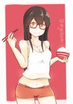  1girl akagi_(kantai_collection) belly bowl breasts brown_hair chopsticks cleavage closed_mouth contrapposto cowboy_shot eyebrows_visible_through_hair food food_on_face glasses holding holding_bowl holding_chopsticks kantai_collection kion-kun long_hair looking_at_viewer medium_breasts midriff navel red-framed_eyewear red_background red_shorts rice rice_bowl shirt short_shorts shorts simple_background skindentation smile solo standing twitter_username white_shirt wide-eyed yellow_eyes 