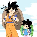  2boys artist_name azu_(kirara310) backpack bag black_eyes black_hair blush_stickers chinese_clothes clenched_hands clouds cloudy_sky dougi dragon_ball dragon_ball_super dragonball_z father_and_son happy looking_at_another male_focus multiple_boys short_hair sky smile son_gokuu son_goten spiky_hair wristband 