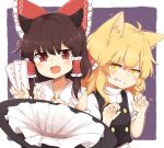  &gt;:d 2girls :d ahoge animal_ears blonde_hair blouse bow braid cat_ears chocolate_hair claw_pose commentary english fang grin hair_bow hair_tubes hakurei_reimu hat hat_removed headwear_removed horns kemonomimi_mode kirisame_marisa large_bow looking_at_viewer multiple_girls open_mouth red_eyes riza_dxun side_braid single_braid smile touhou turtleneck vest wavy_hair witch_hat yellow_eyes 