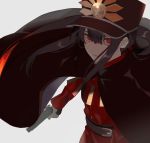  1boy bangs black_hair blunt_bangs cape commentary_request fate_(series) grey_background gun hair_between_eyes hat holding holding_gun holding_weapon jacket kibadori_rue long_hair looking_at_viewer male_focus military military_uniform oda_nobukatsu_(fate/grand_order) parted_lips peaked_cap red_eyes red_jacket simple_background solo standing uniform upper_body weapon 
