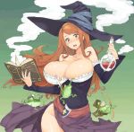  angelo_(gomahangetsu) bare_shoulders blue_ribbon blush book breasts brown_eyes brown_hair cleavage collarbone detached_sleeves dragon&#039;s_crown dress dwarf_(dragon&#039;s_crown) elf_(dragon&#039;s_crown) fighter_(dragon&#039;s_crown) flask frog green_background hat hat_ribbon highres hips huge_breasts long_hair looking_down open_book open_mouth purple_skirt ribbon sash skirt sorceress_(dragon&#039;s_crown) steam strapless strapless_dress transformation witch_hat 