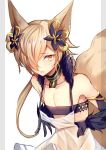  1boy aki_itoguchi animal_ears backless_outfit blush crossdressinging dress elbow_gloves erun_(granblue_fantasy) fox_ears gloves granblue_fantasy hair_ornament kou_(granblue_fantasy) long_hair male_focus open_mouth red_eyes tail 