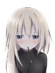  1girl bangs black_sweater blonde_hair blue_eyes blush eyebrows_visible_through_hair food food_in_mouth hair_between_eyes long_hair looking_at_viewer mouth_hold original pocky simple_background solo sweater tia-chan uchuuneko white_background 