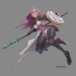  1girl adventure_time alternate_costume armor breasts commentary faulds full_body gauntlets greaves grey_background humanization long_hair medium_breasts ohnarev pauldrons pink_hair pink_skin polearm princess_bonnibel_bubblegum red_eyes shield showgirl_skirt solo spear thigh-highs tiara weapon 