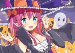  1girl :d blue_eyes cape collarbone commentary_request detached_sleeves elizabeth_bathory_(halloween)_(fate) fate/grand_order fate_(series) ghost hat jack-o&#039;-lantern lancer_(fate/extra_ccc) long_hair looking_at_viewer mikoillust open_mouth pointy_ears purple_hair smile witch_hat 
