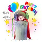  1girl balloon birthday cape cosplay english halloween hat iesupa oscar_the_grouch oscar_the_grouch_(cosplay) party_hat ruby_rose rwby rwby_chibi solo 