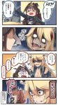  &gt;_&lt; 3girls 4koma ahoge animal_ears blank_eyes blonde_hair blue_eyes brown_hair comic commentary_request double_bun front-tie_top hair_between_eyes halloween halloween_costume highres ido_(teketeke) iowa_(kantai_collection) jiangshi kantai_collection kongou_(kantai_collection) long_hair multiple_girls o_o ofuda open_mouth pale_face ponytail saratoga_(kantai_collection) shaded_face smile speech_bubble star star-shaped_pupils symbol-shaped_pupils translation_request unconscious wolf_ears wolf_paws zombie 