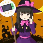 1girl alternate_costume bangs black_hair blunt_bangs brown_eyes capele commentary_request halloween hat hatsuyuki_(kantai_collection) index_finger_raised jack-o&#039;-lantern kantai_collection long_hair looking_at_viewer miicha nintendo_switch solo spoken_object witch_hat 