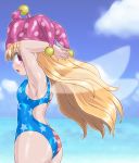  1girl american_flag_swimsuit armpits ass bare_arms blonde_hair breasts clownpiece comic commentary_request competition_swimsuit day fairy_wings from_side hat jester_cap long_hair one-piece_swimsuit outdoors pink_eyes polka_dot profile small_breasts solo swimsuit touhou very_long_hair water wings winn 