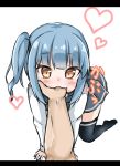  1girl absurdres all_fours blue_hair blush brown_eyes finger_in_another&#039;s_mouth hakumenman heart highres kantai_collection kasumi_(kantai_collection) letterboxed looking_at_viewer pov solo_focus sucking_on_finger suspenders 