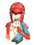  1girl bracer brown_eyes closed_mouth collar gem hand_on_own_chest jewelry kinketsu long_hair looking_at_viewer mipha necklace red_lips redhead simple_background smile solo tentacle_hair the_legend_of_zelda the_legend_of_zelda:_breath_of_the_wild traditional_media upper_body watercolor_(medium) white_background 
