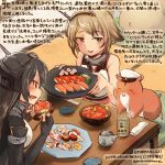  2girls :d ^_^ ^o^ animal black_coat black_gloves black_hair closed_eyes colored_pencil_(medium) commentary_request dated elbow_pads food gloves green_eyes hair_between_eyes hamster headgear kantai_collection kirisawa_juuzou light_brown_hair long_coat long_hair multiple_girls mutsu_(kantai_collection) non-human_admiral_(kantai_collection) numbered open_mouth partly_fingerless_gloves red_eyes short_hair sitting sleeveless smile sushi traditional_media translation_request twitter_username 
