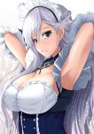  1girl armpits arms_behind_head arms_up azur_lane belfast_(azur_lane) blue_eyes blush breasts cleavage commentary_request detached_sleeves highres kanzaki_kureha large_breasts long_hair looking_at_viewer maid maid_headdress parted_lips silver_hair solo upper_body 