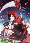  1girl birthday breasts cleavage cloak commentary_request corset dated ecru english flower grey_eyes halloween halloween_costume hat hood hooded_cloak night night_sky red_eyes rose ruby_rose rwby scythe sky star_(sky) starry_sky welsh_corgi witch_hat zwei_(rwby) 