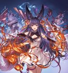  1boy 2girls animal_ears artist_request bell black_hair breasts cleavage closed_eyes detached_sleeves dress dual_wielding erun_(granblue_fantasy) fan fang fire granblue_fantasy hair_bell hair_ornament kou_(granblue_fantasy) long_hair looking_at_viewer medium_breasts multiple_girls open_mouth silver_hair simple_background socie_(granblue_fantasy) spoilers sword violet_eyes weapon yuel_(granblue_fantasy) 