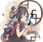  1girl bangs black_hair braid chinese_clothes closed_mouth commentary_request double_bun fire frills hands_up holding jiyu2 looking_at_viewer original purple_hair short_sleeves sidelocks smile solo violet_eyes 