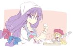  &gt;:) 1girl :/ alternate_costume alternate_headwear apron beret blonde_hair bow butter_knife cake food hair_bow hat head_scarf icing knife long_hair looking_at_viewer patchouli_knowledge pink_background purple_hair satou_kibi shanghai_doll simple_background sketch sweatdrop touhou upper_body violet_eyes white_background |_| 