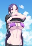  1girl bangs bikini black_hair black_shirt black_skirt blue_sky blush breasts cleavage clothes_lift clouds cloudy_sky covered_mouth day eyepatch_bikini fate/grand_order fate_(series) groin hands_up large_breasts lifted_by_self long_hair looking_at_viewer midriff minamoto_no_raikou_(fate/grand_order) minamoto_no_raikou_(swimsuit_lancer)_(fate) nakuta navel outdoors parted_bangs pleated_skirt purple_bikini purple_bikini_top purple_hair shirt shirt_lift short_sleeves skirt sky solo standing stomach strap_gap strapless strapless_bikini string_bikini swimsuit under_boob undressing upper_body very_long_hair violet_eyes 