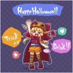  &gt;_&lt; 1girl :d arm_up blonde_hair bloomers blush_stickers bow bowtie candy cape checkered checkered_background chibi commentary english facing_viewer fang food full_body hair_bow halloween halloween_costume heart horn_ribbon horns ibuki_suika kumamoto_(bbtonhk2) lollipop long_hair lowres open_mouth orange_bloomers pixel_art red_neckwear ribbon smile solo spoken_heart striped striped_legwear swirl_lollipop thigh-highs touhou trick_or_treat underwear xd 