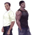  2boys bandanna beard black_eyes black_hair chiron_(moonlight) dark_skin dark_skinned_male dress_shirt dual_persona facial_hair jewelry male_focus matsu_(bandan) moonlight_(movie) multiple_boys muscle mustache necklace older shirt tank_top teenager 